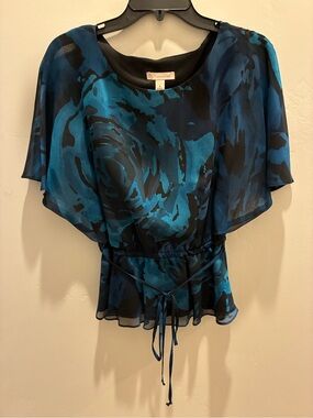 Blue and Black Floral Sheer Drawstring Blouse - Convertible Sleeve